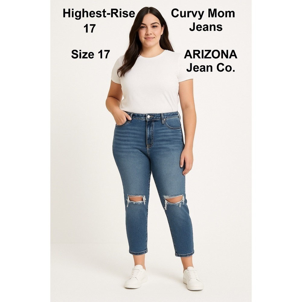 ARIZONA Jean Co. Curvy Mom Jeans Women's 17 Highest-Rise Ripped Knee Blue Denim